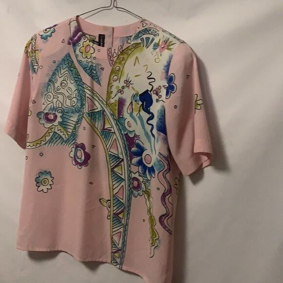 LOUIS FERAUD FLORAL SHORT SLEEVE BUTTON DOWN BACK BLOUSE SIZE 6 - Picture 2 of 6